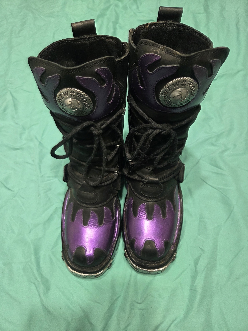 Discontinued vintage New Rock Reactor purple-flame boots — unworn/deadstock